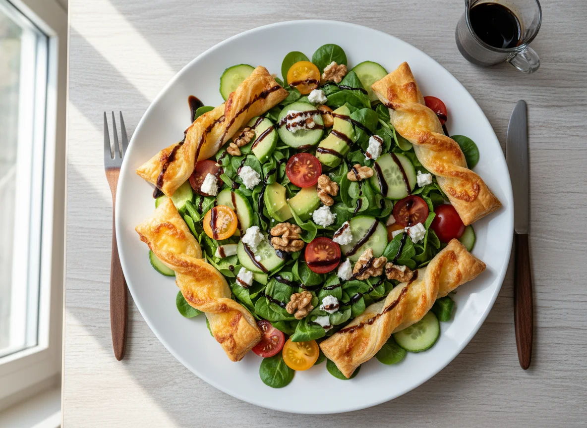 Gemischter Salat mit Blätterteiggebäck photo