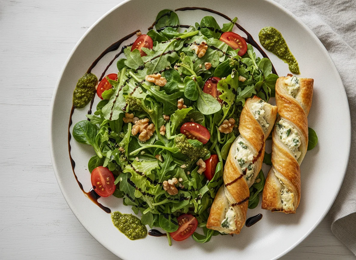 Gemischter Salat mit Blätterteiggebäck und Pesto photo
