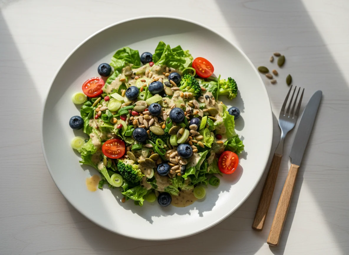 Gemischter Salat mit Blaubeeren und Dressing photo