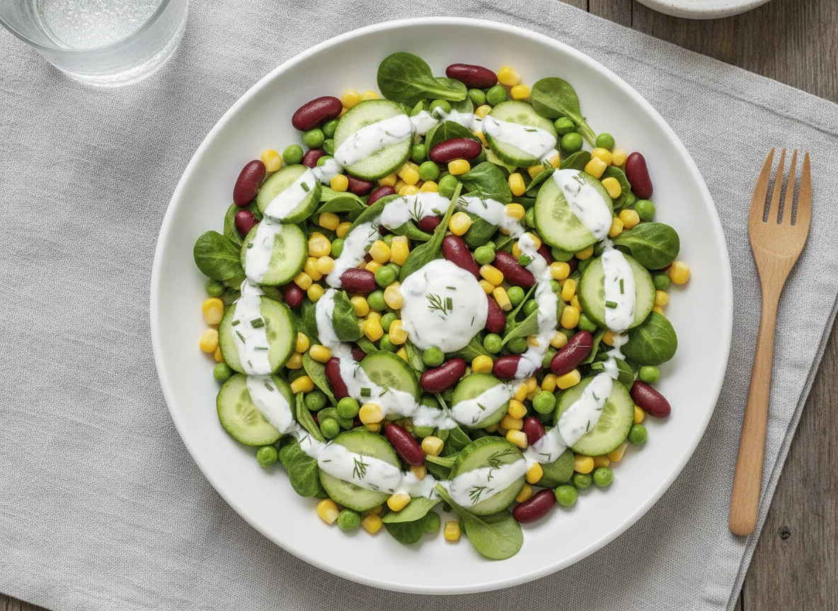 Gemischter Salat mit Bohnen, Mais und Gurken photo