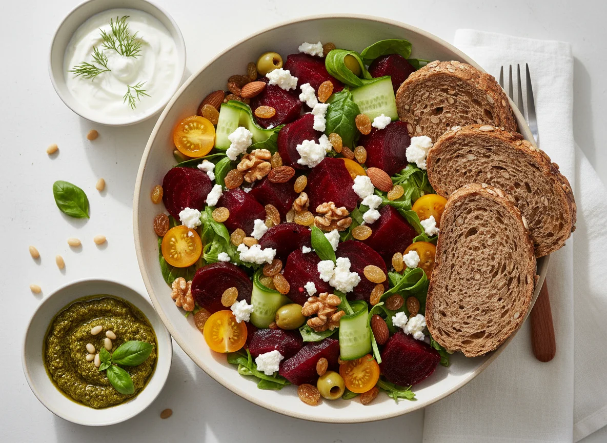 Gemischter Salat mit Brot und Dip photo
