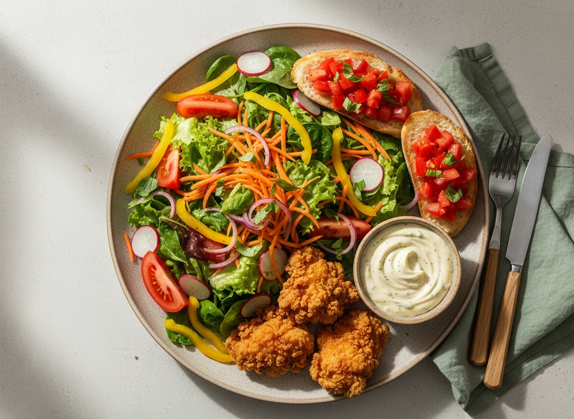 Gemischter Salat mit Bruschetta, frittiertem Hähnchen und Dip photo