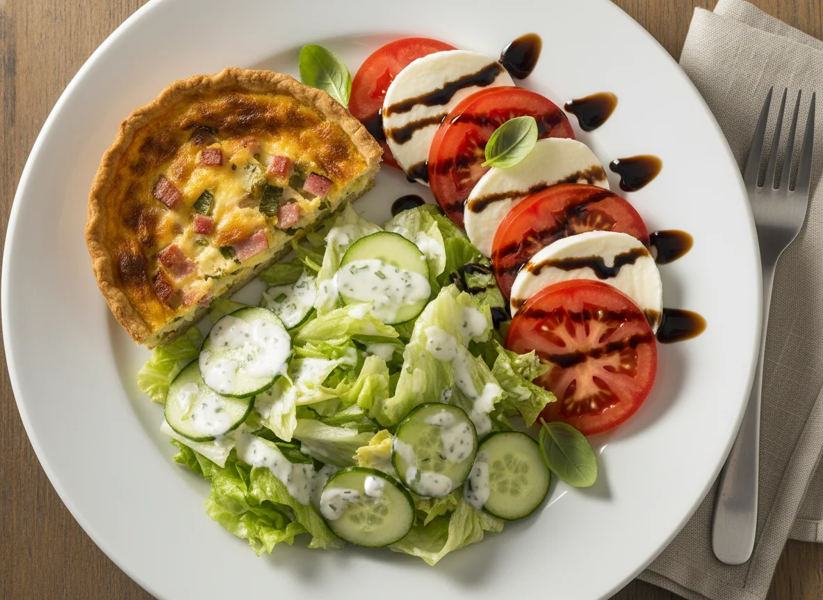 Gemischter Salat mit Caprese und herzhaftem Kuchen photo