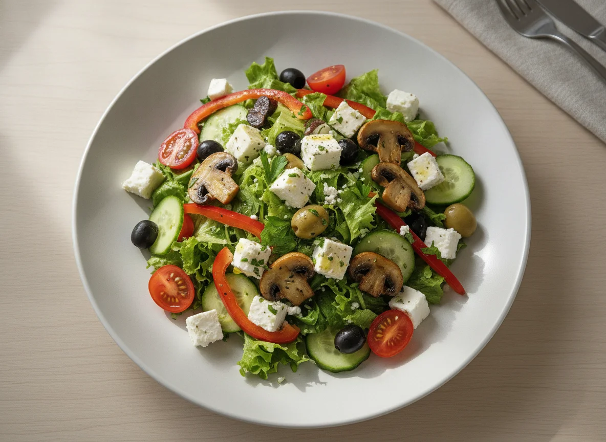 Gemischter Salat mit Champignons und Feta photo