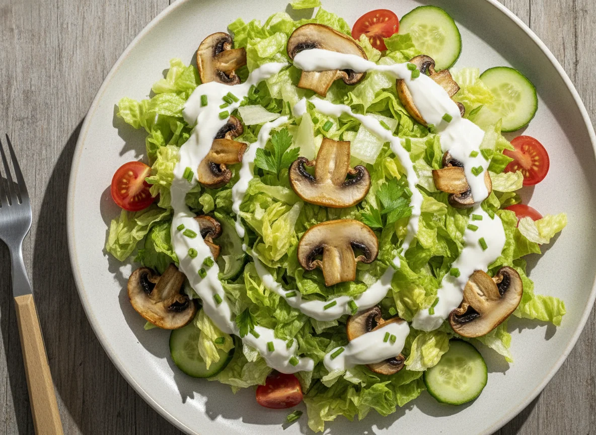 Gemischter Salat mit Champignons und Joghurt-Dressing photo