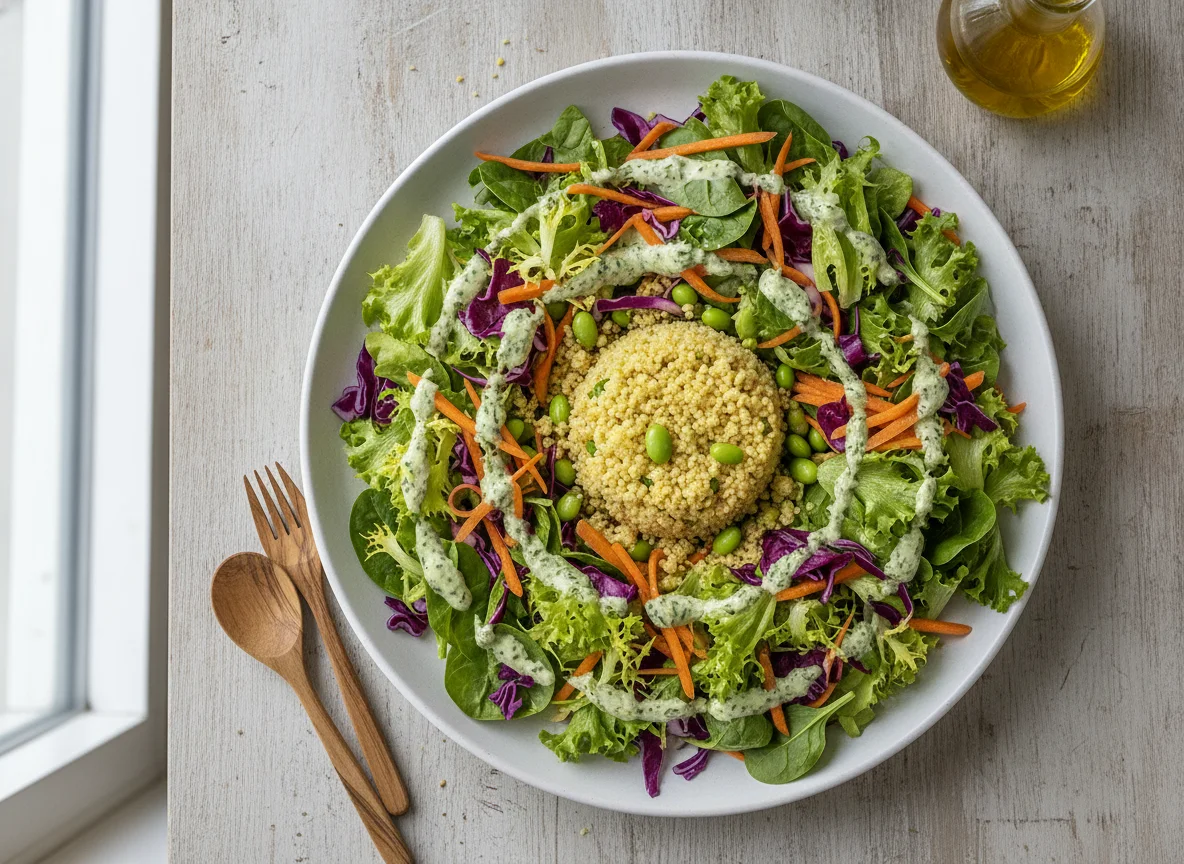Gemischter Salat mit Couscous und Dressing photo