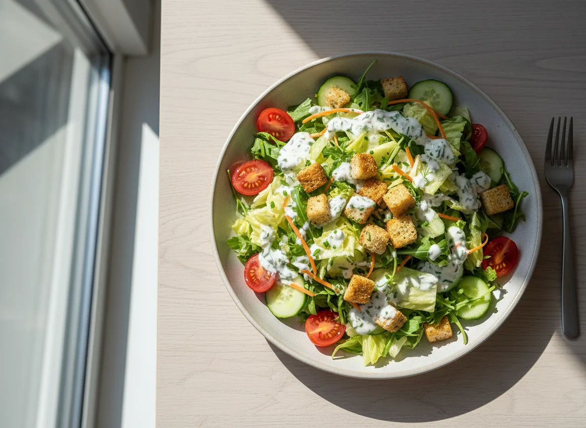 Gemischter Salat mit Croutons und Dressing photo