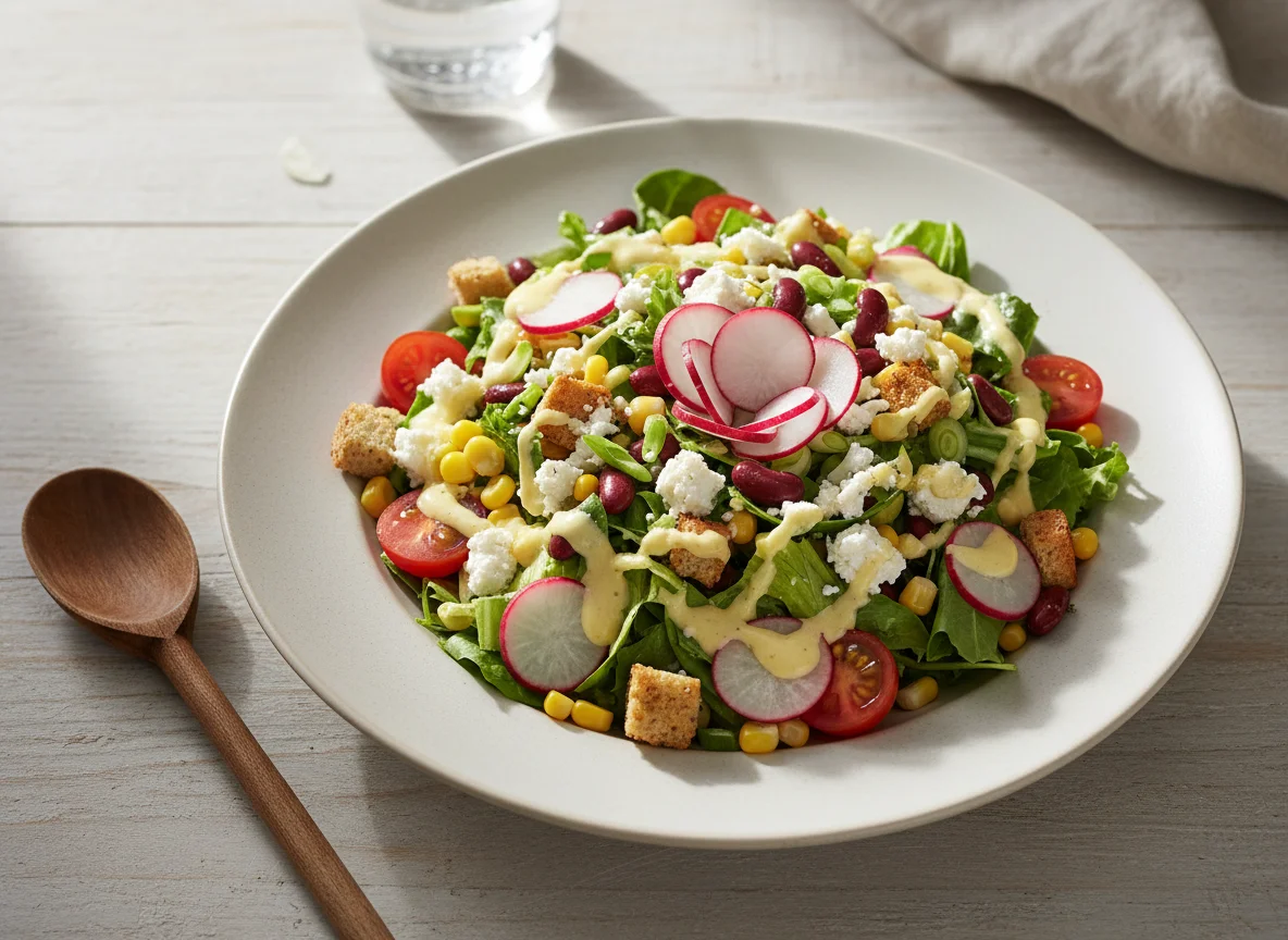 Gemischter Salat mit Croutons und Feta photo