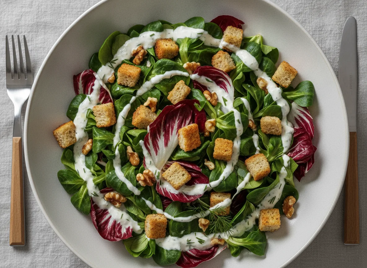 Gemischter Salat mit Croutons und Joghurt-Dressing photo