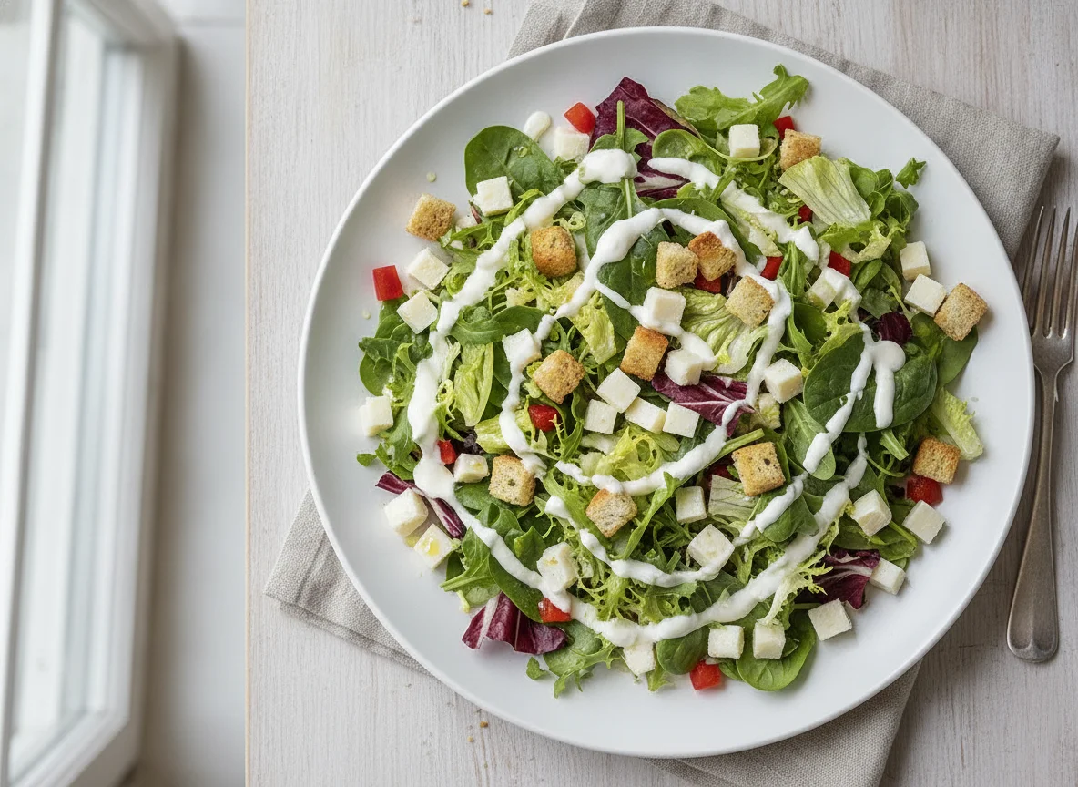 Gemischter Salat mit Croutons und Joghurtdressing photo