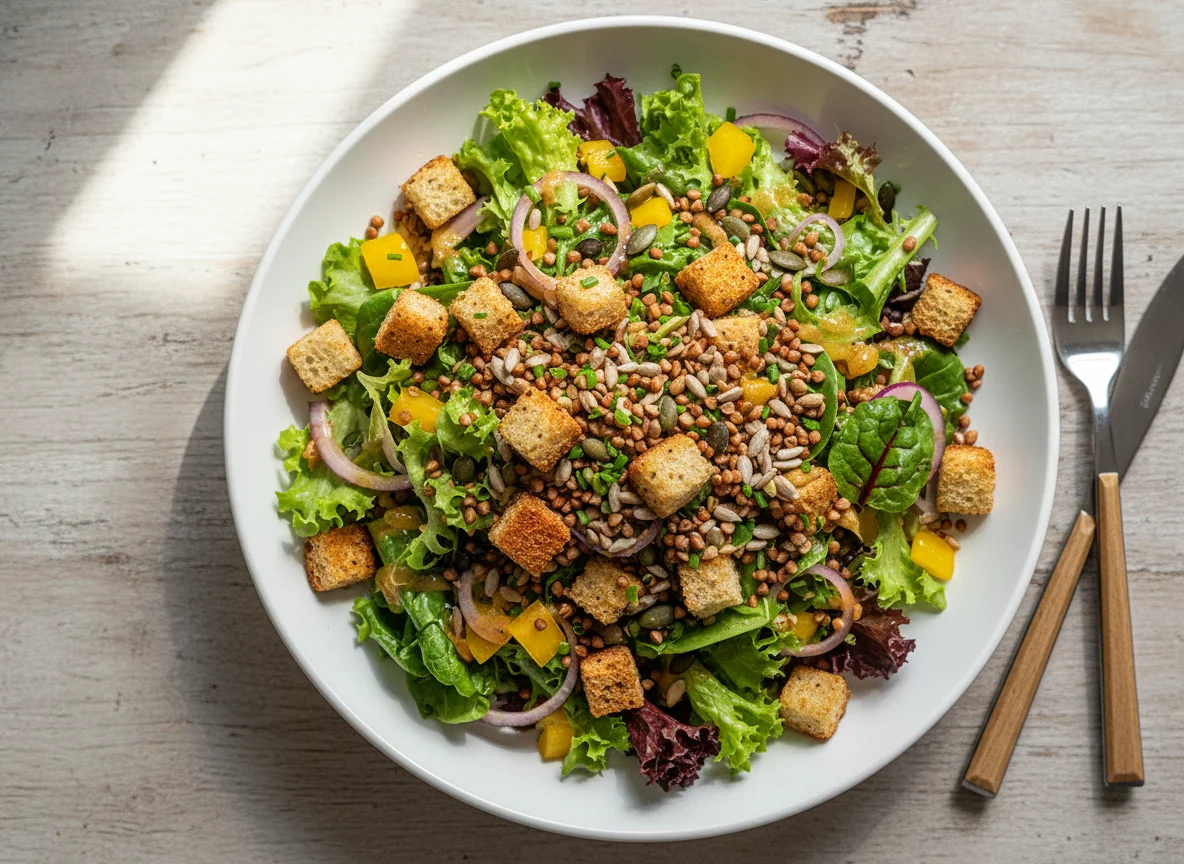 Gemischter Salat mit Croutons und Kernen photo