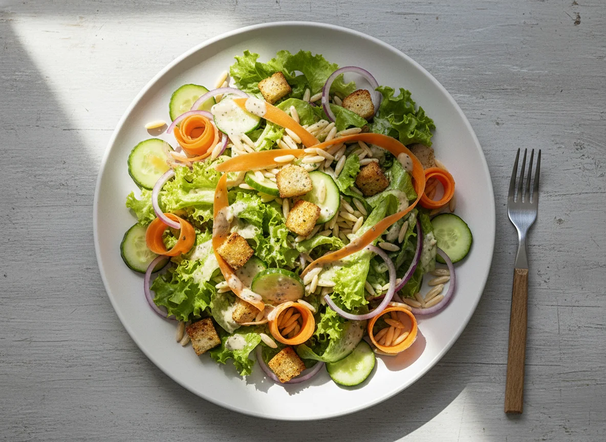 Gemischter Salat mit Croutons und Orzo photo