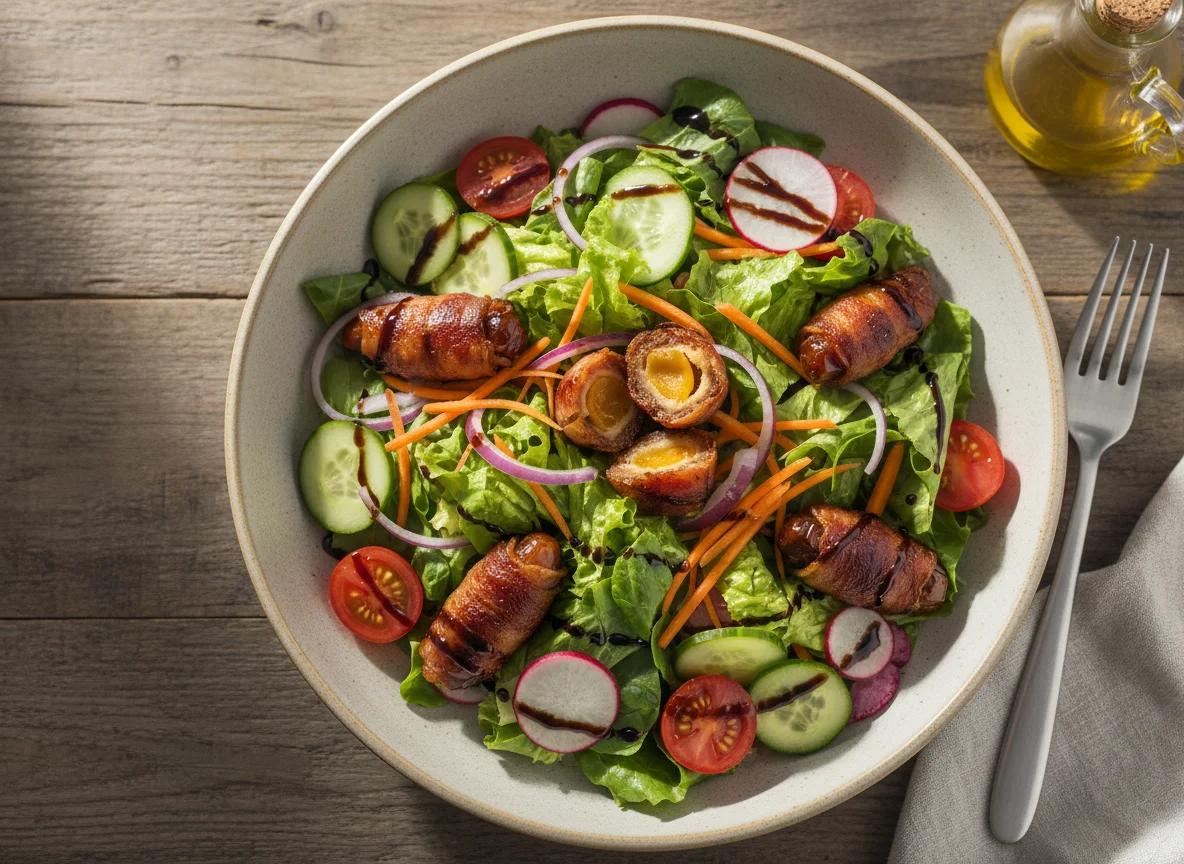Gemischter Salat mit Datteln im Speckmantel photo