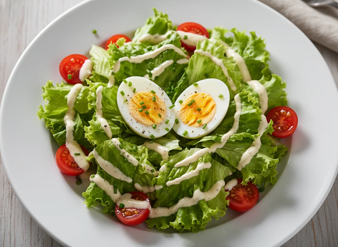 Gemischter Salat mit Dressing und Ei photo