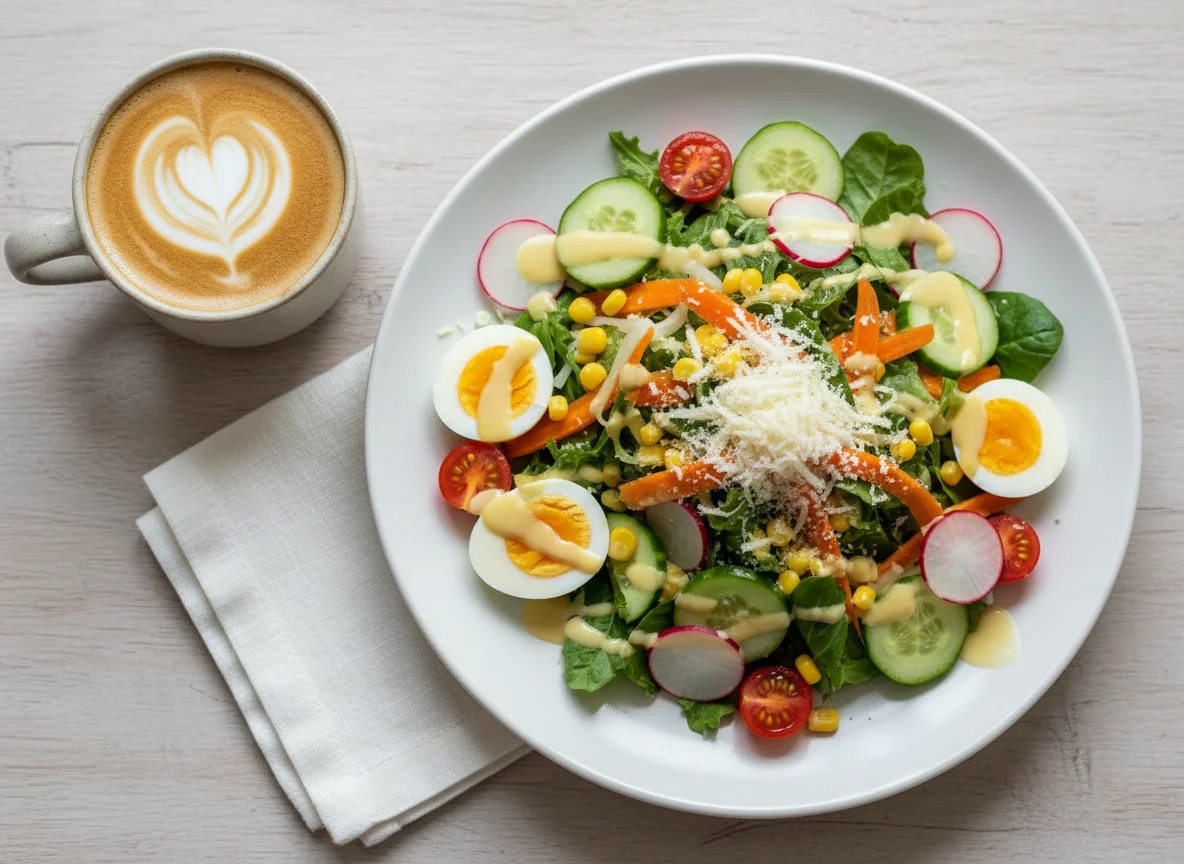 Gemischter Salat mit Dressing und Kaffee photo