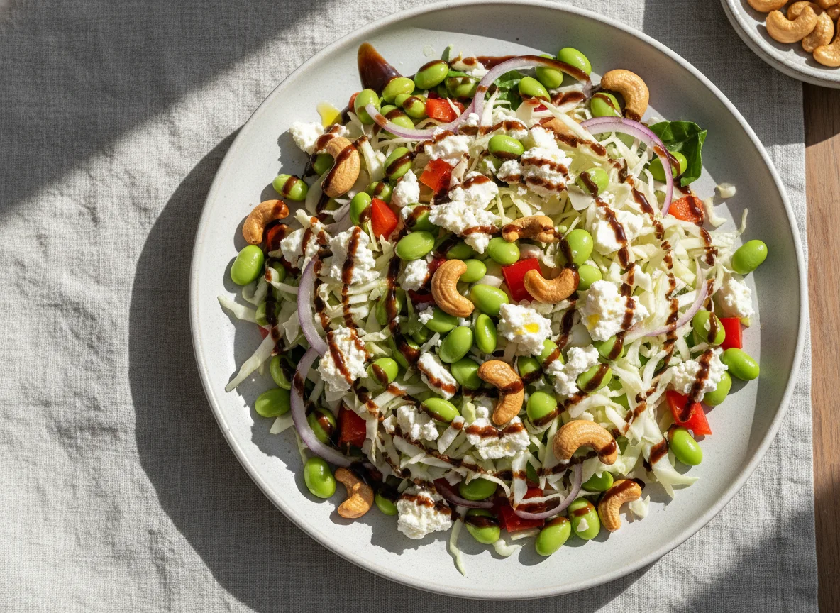 Gemischter Salat mit Edamame, Cashews, Balsamico-Glace und Schafskäse photo