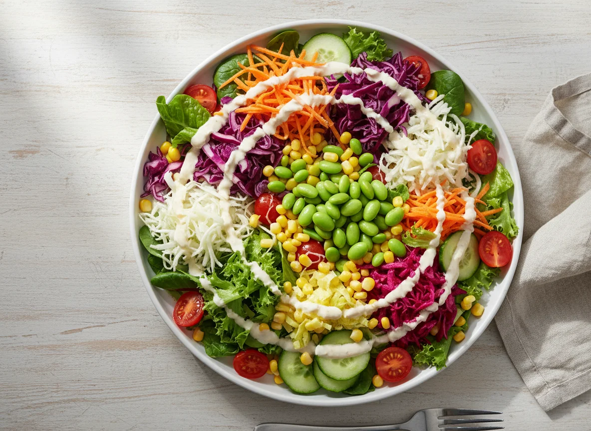 Gemischter Salat mit Edamame und Joghurtdressing photo