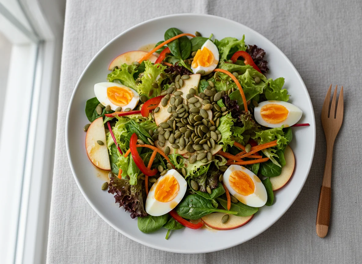 Gemischter Salat mit Ei, Apfel und Kürbiskernen photo