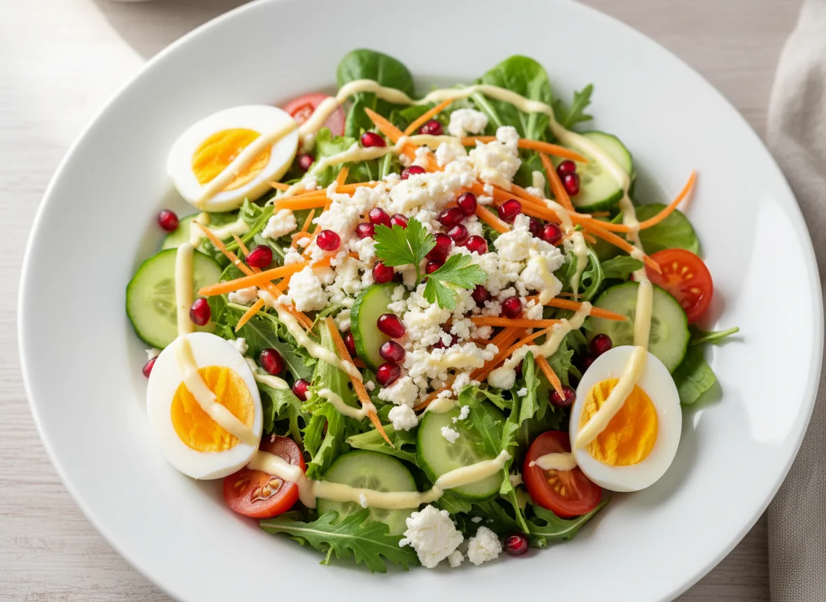 Gemischter Salat mit Ei, Feta und Granatapfel photo