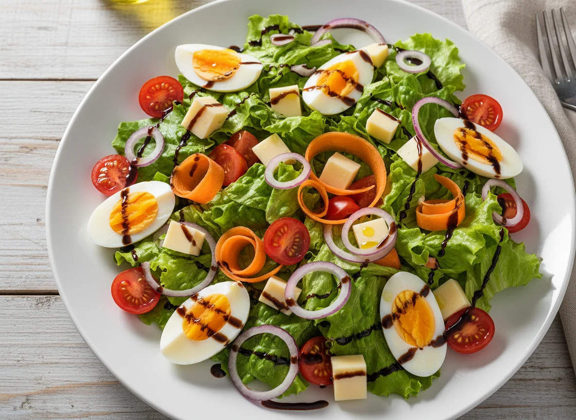 Gemischter Salat mit Ei, Käse und Balsamico-Dressing photo