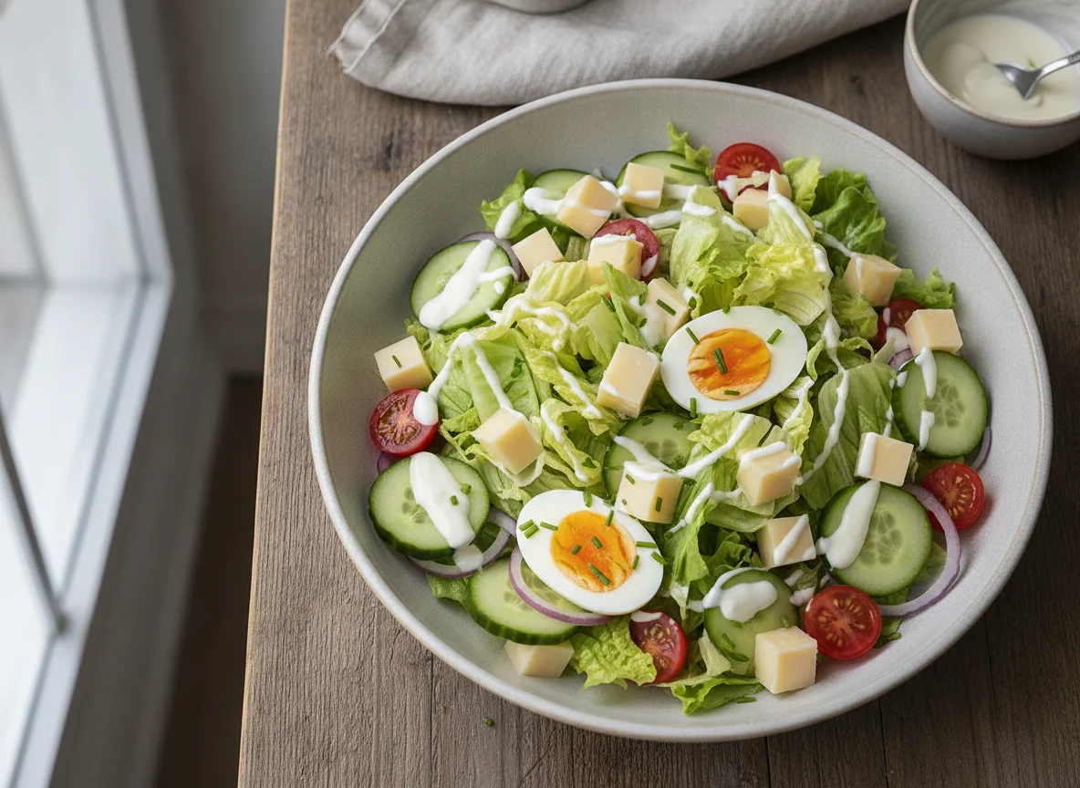 Gemischter Salat mit Ei, Käse und Joghurt-Dressing photo