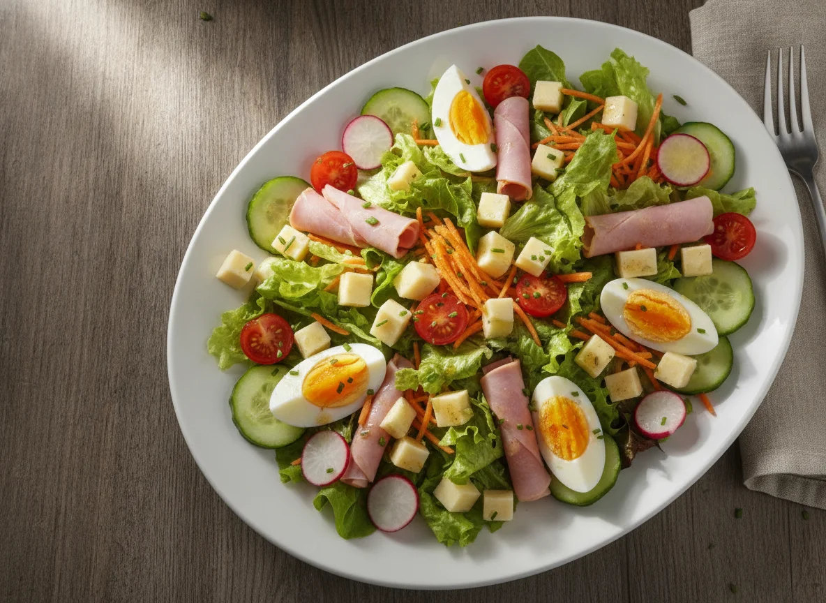 Gemischter Salat mit Ei, Käse und Schinken photo