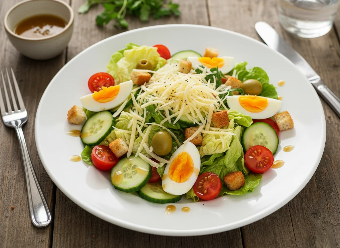 Gemischter Salat mit Ei, Oliven und Käse photo