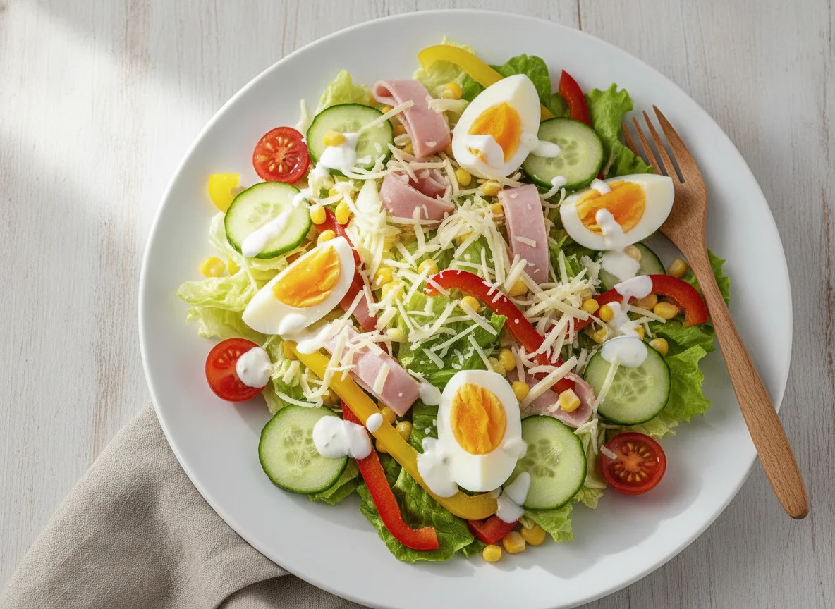 Gemischter Salat mit Ei, Schinken und Käse photo