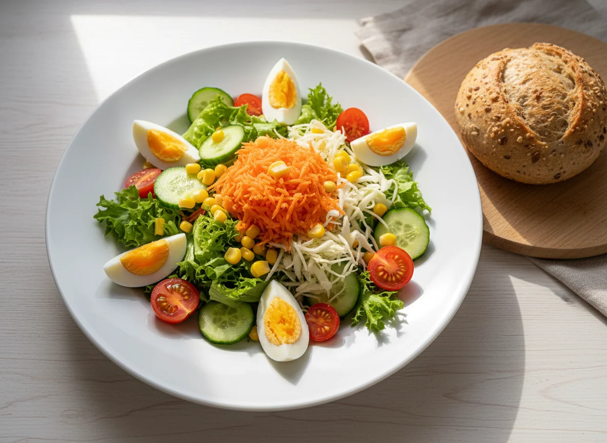 Gemischter Salat mit Ei und Brötchen photo