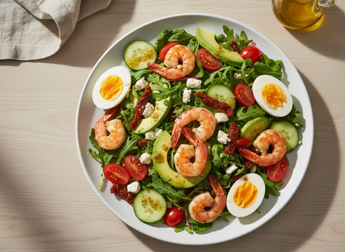 Gemischter Salat mit Ei und Garnelen photo