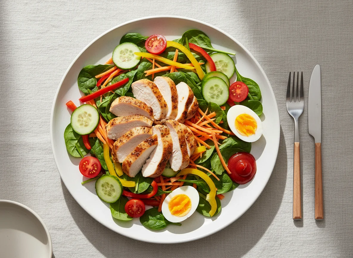Gemischter Salat mit Ei und Hähnchen photo