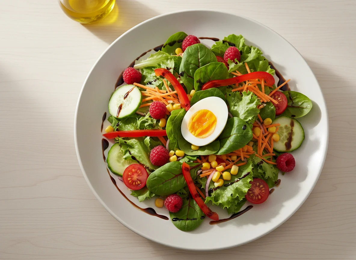 Gemischter Salat mit Ei und Himbeeren photo