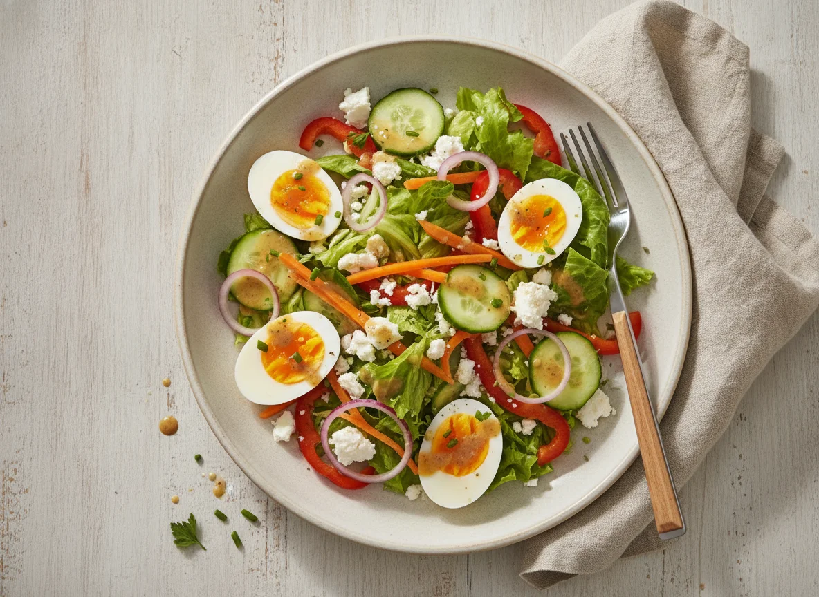 Gemischter Salat mit Ei und Honig-Senf-Dressing photo