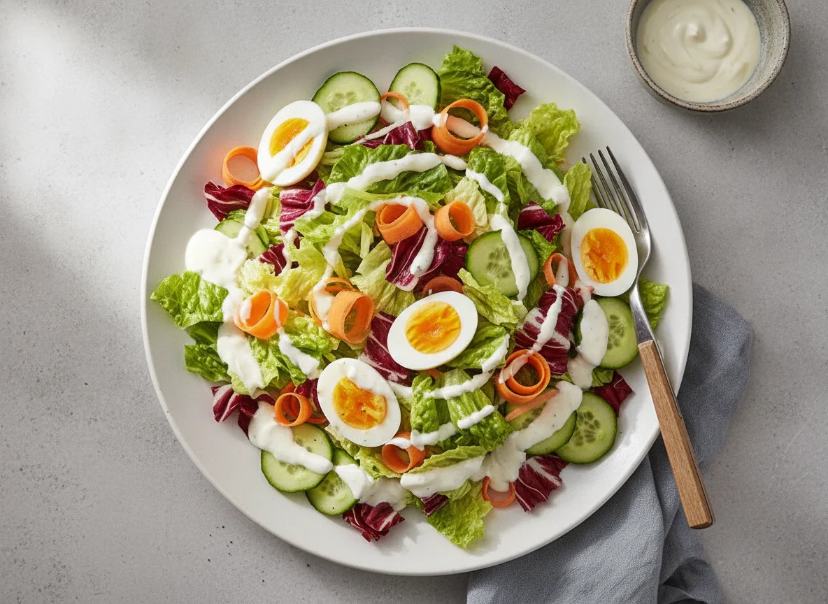 Gemischter Salat mit Ei und Joghurtdressing photo