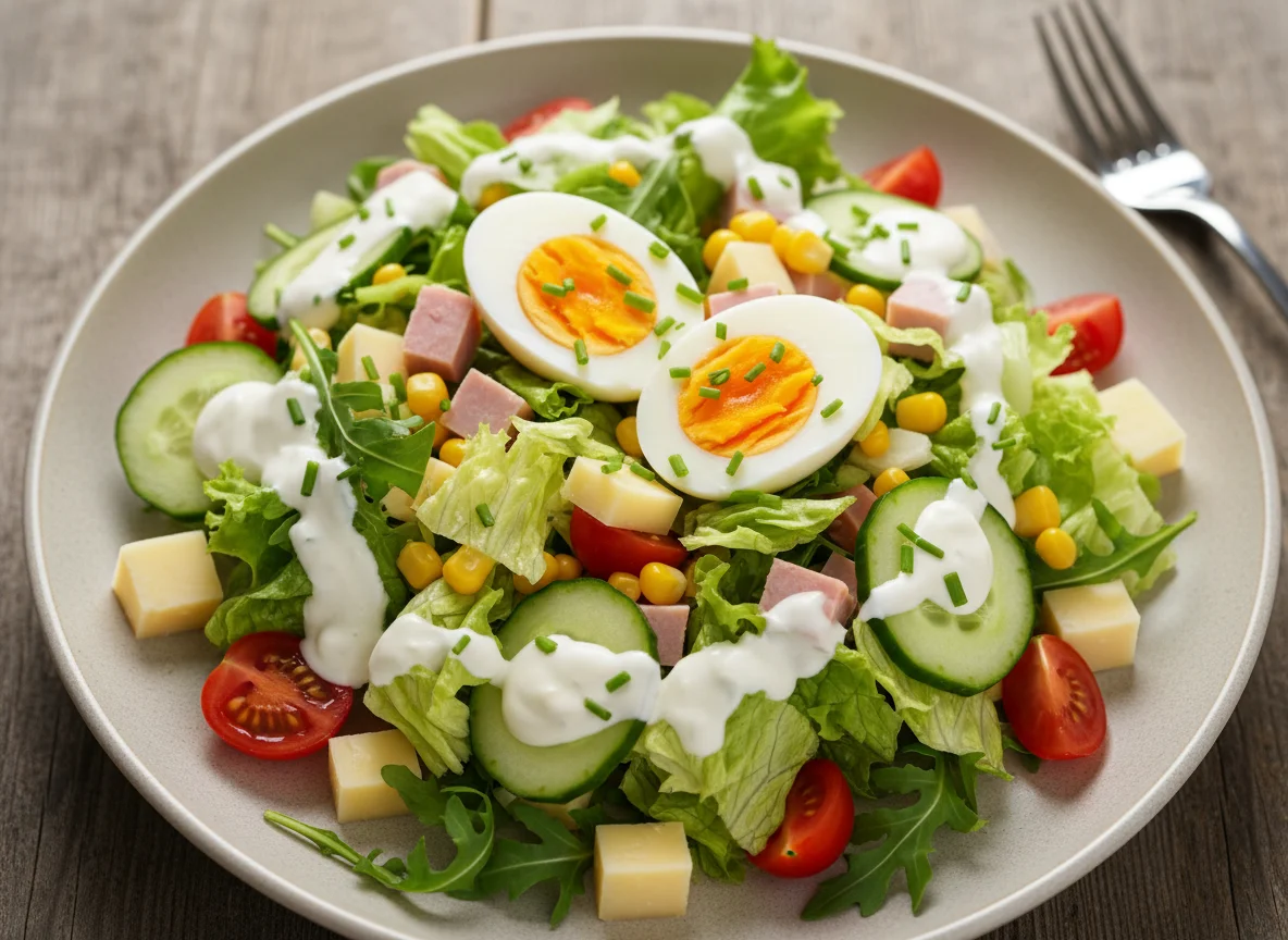 Gemischter Salat mit Ei und Joghurt-Dressing photo