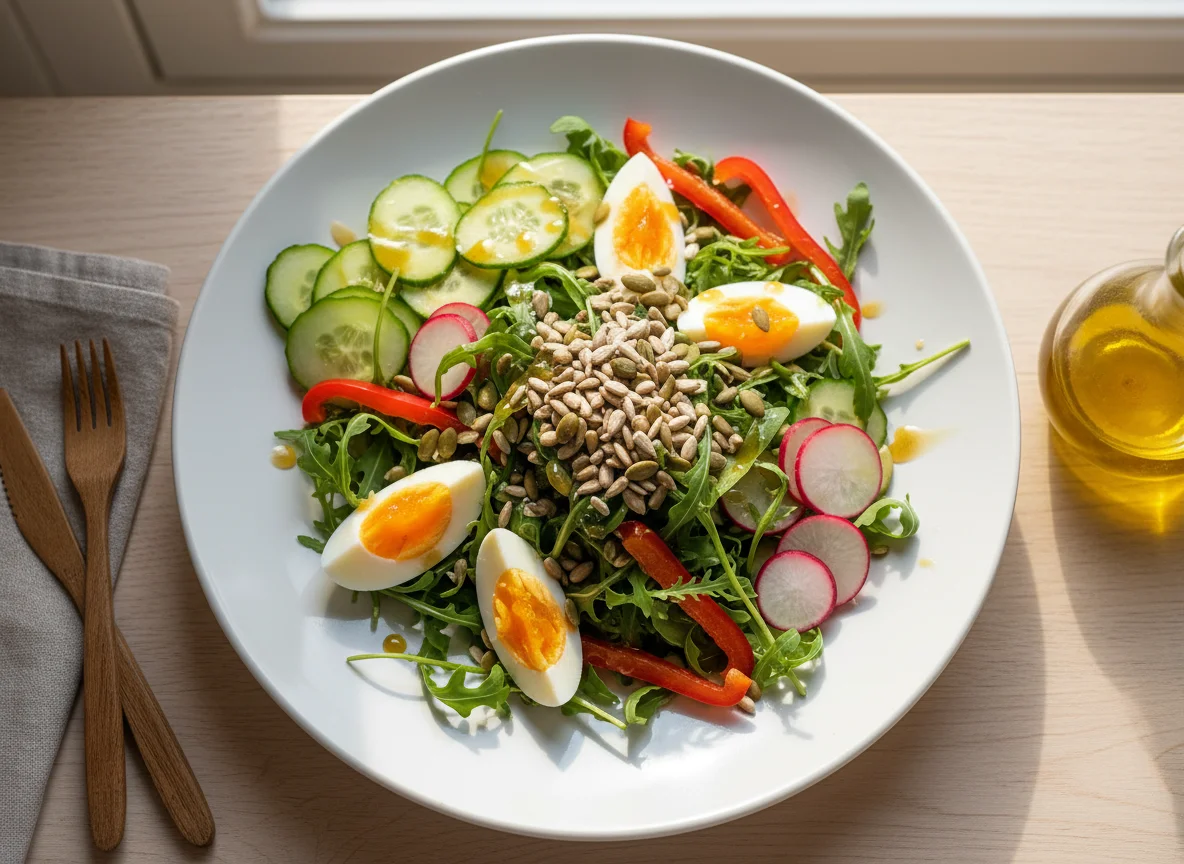 Gemischter Salat mit Ei und Kernen photo