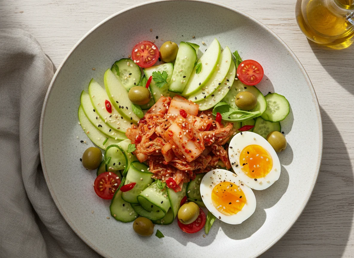 Gemischter Salat mit Ei und Kimchi photo