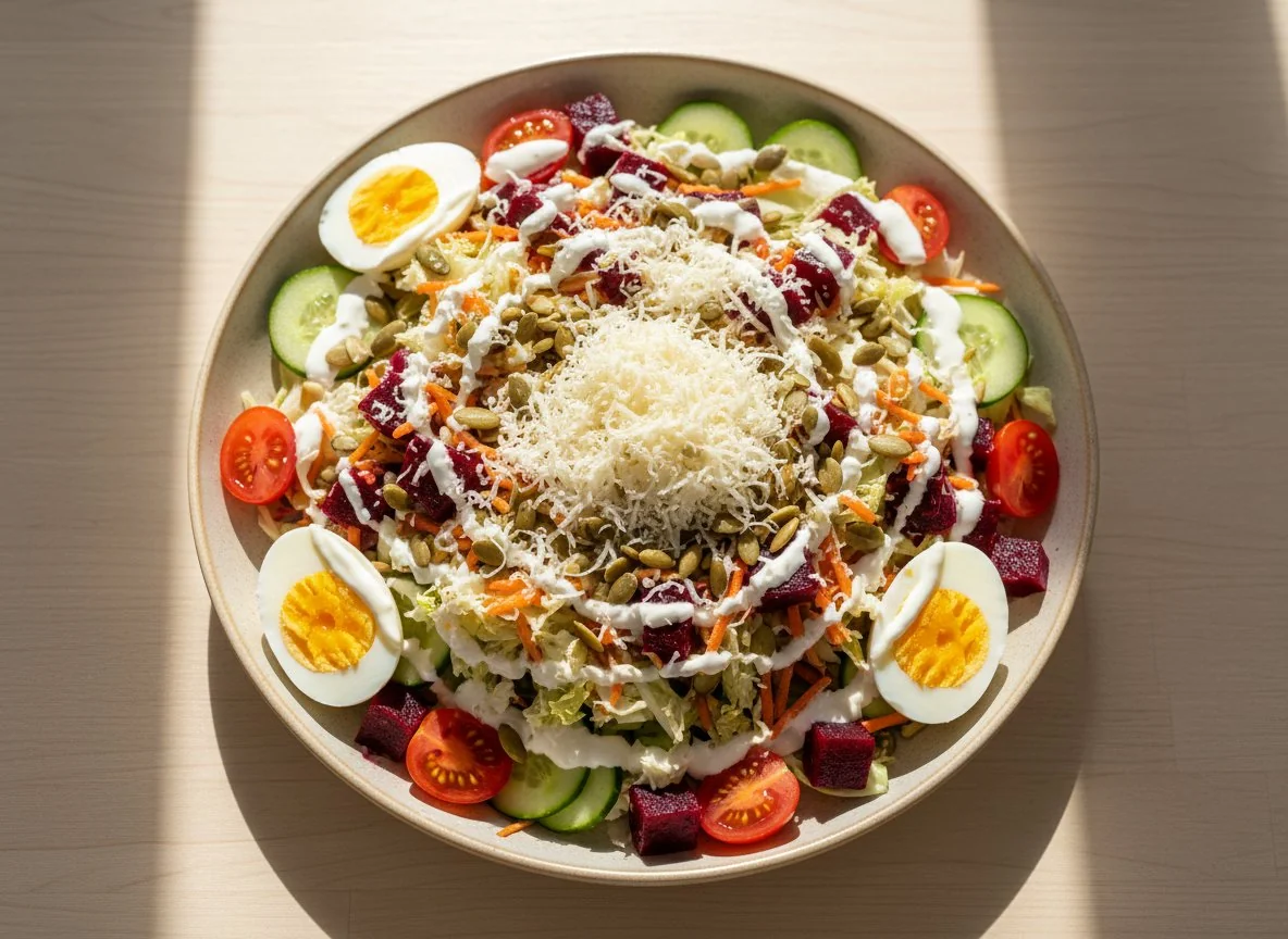 Gemischter Salat mit Ei und Kürbiskernen photo