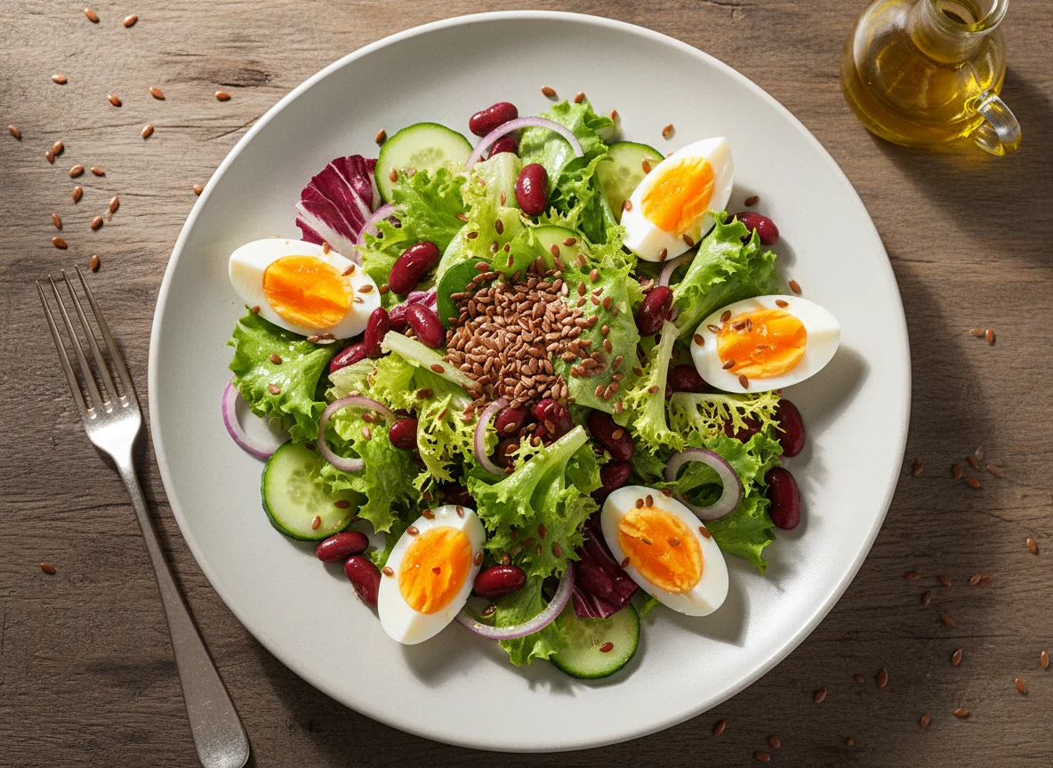 Gemischter Salat mit Ei und Leinsamen photo