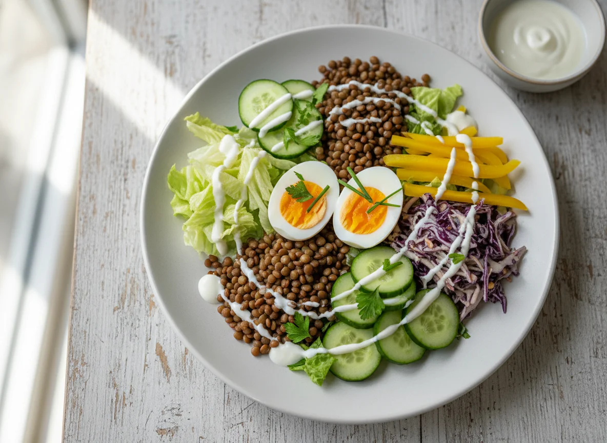 Gemischter Salat mit Ei und Linsen photo