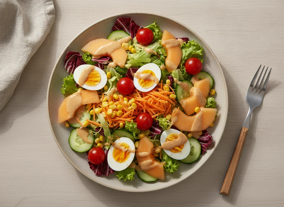 Gemischter Salat mit Ei und Melone photo