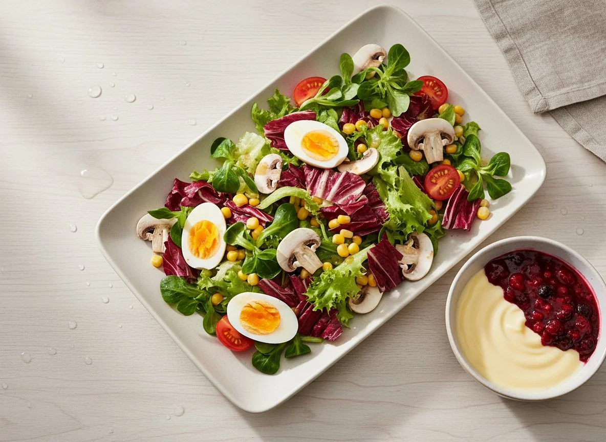 Gemischter Salat mit Ei und Pilzen, dazu Dessert photo