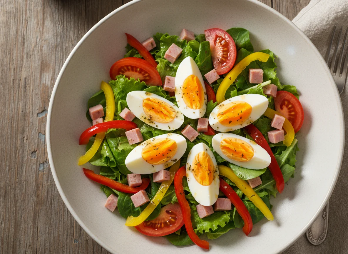 Gemischter Salat mit Ei und Schinken photo
