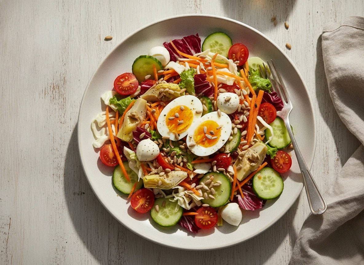 Gemischter Salat mit Ei und Sonnenblumenkernen photo