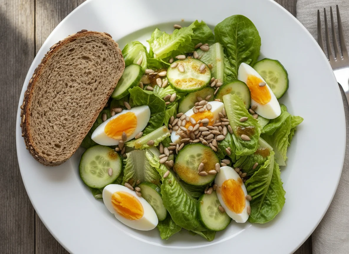 Gemischter Salat mit Ei und Vollkornbrot photo