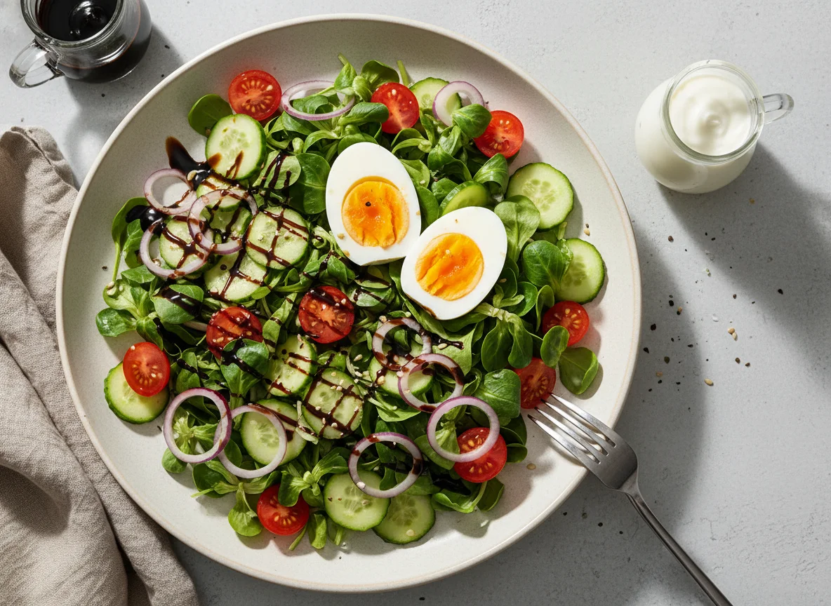 Gemischter Salat mit Ei und zwei Dressings photo