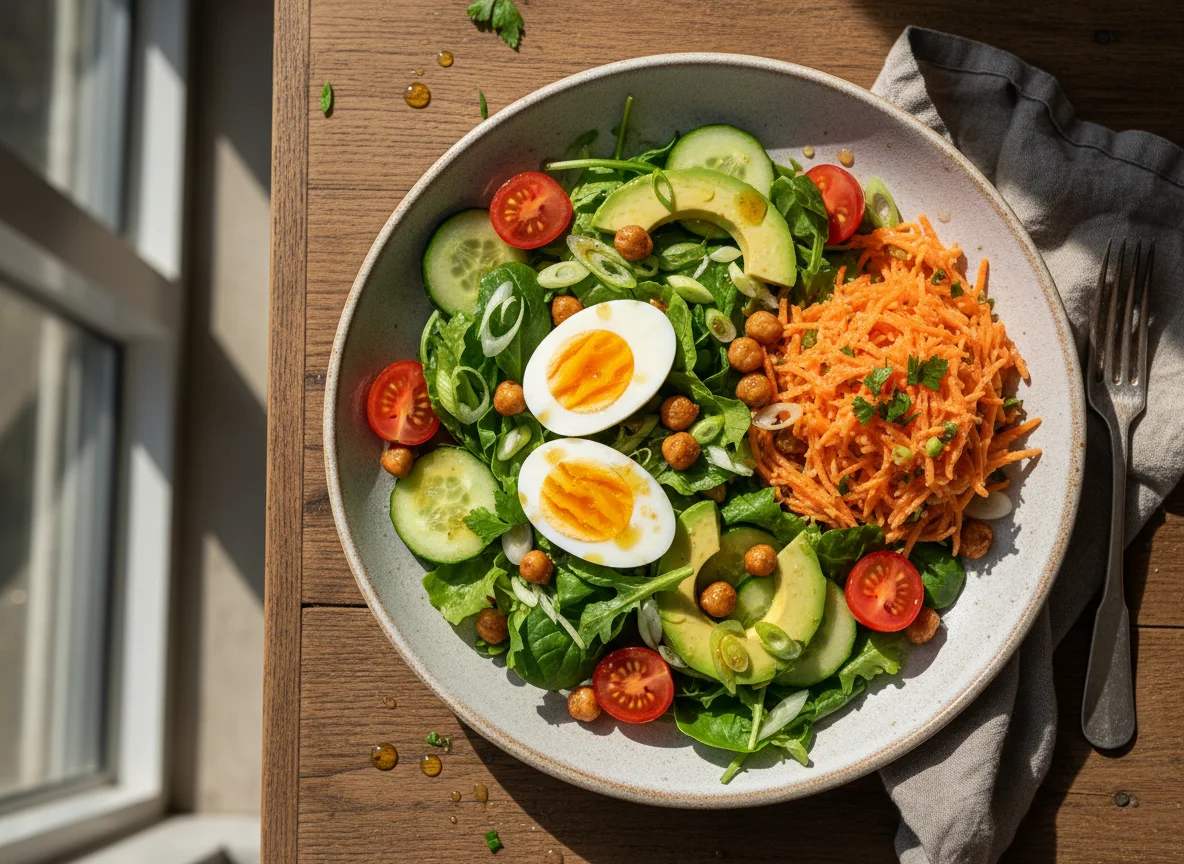 Gemischter Salat mit Eiern und Karottensalat photo