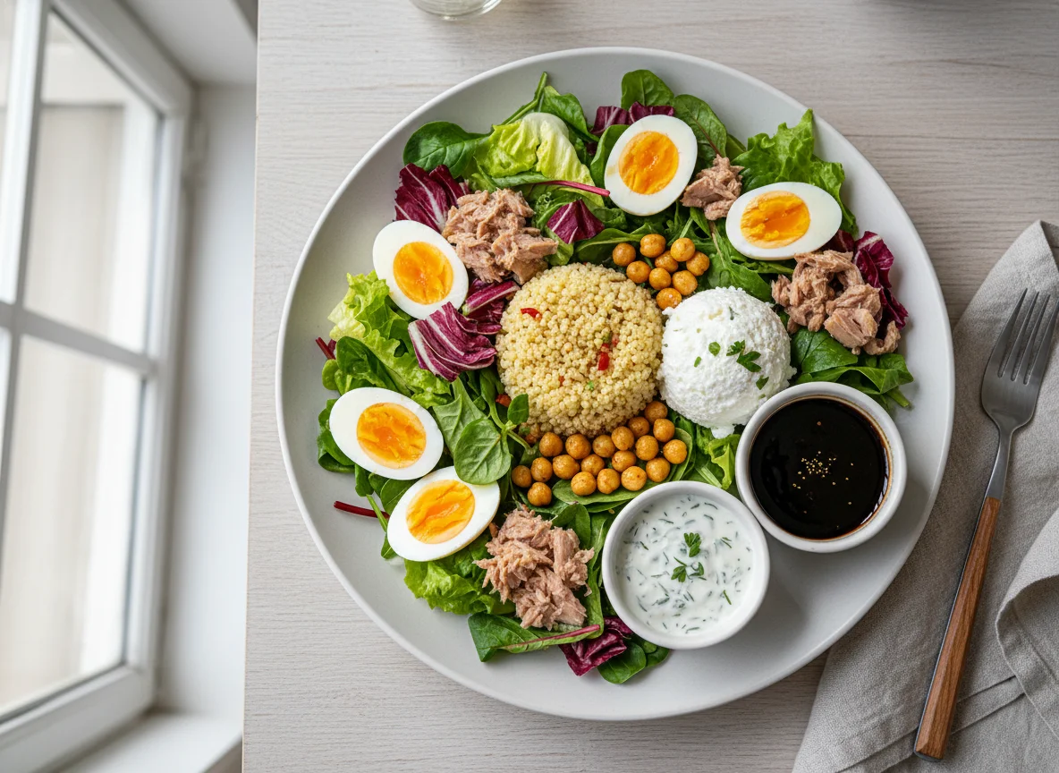 Gemischter Salat mit Eiern und Saucen photo