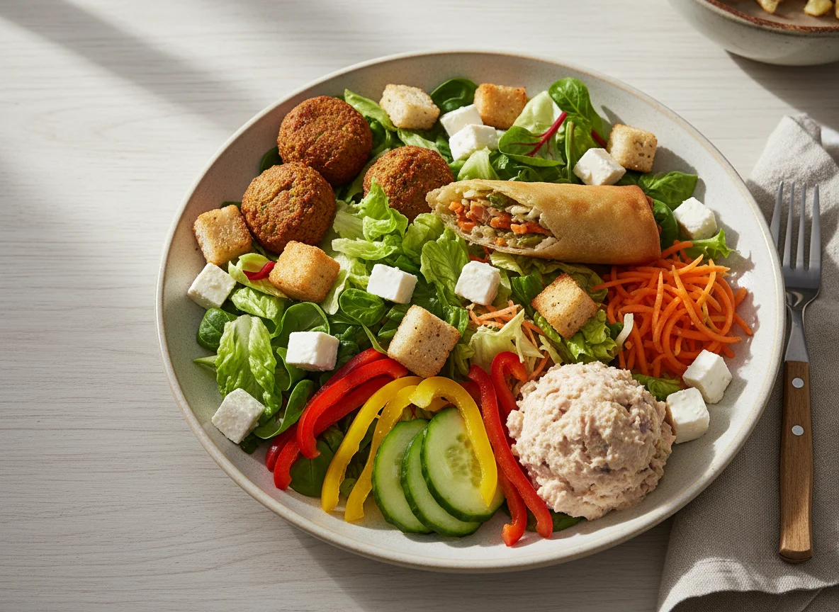 Gemischter Salat mit Falafel, Feta und Frühlingsrolle photo