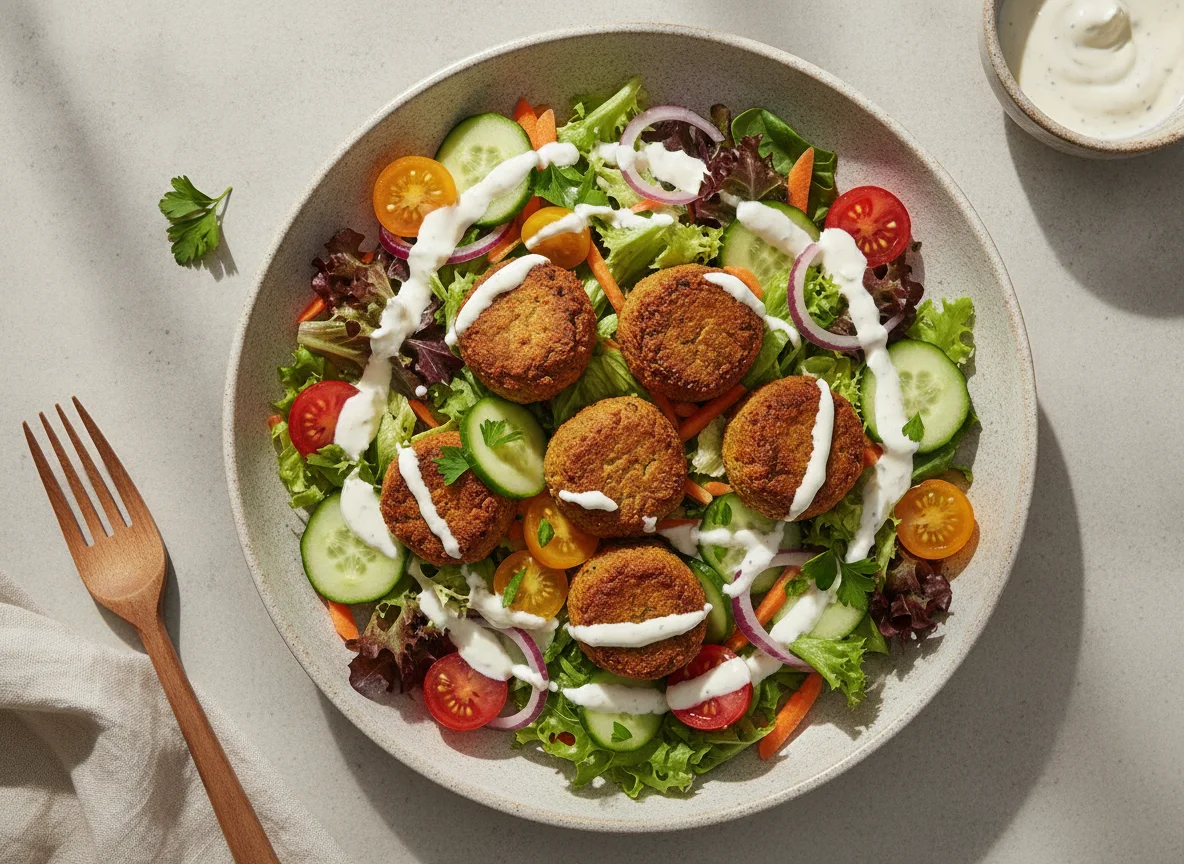 Gemischter Salat mit Falafel und Joghurt-Dressing photo